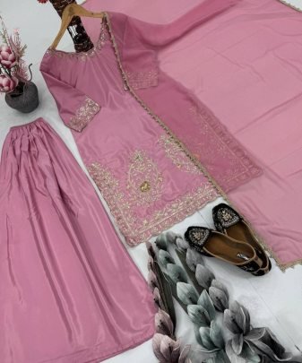 Designer Heavy Natural Creap Embroidered Sequence Work With Fancy Top Sharara Dupatta Set