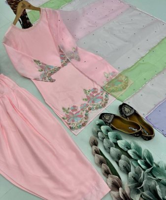 Designer Heavy Natural Creap Embroidered Sequence Work With Fancy Top pent Dupatta Set