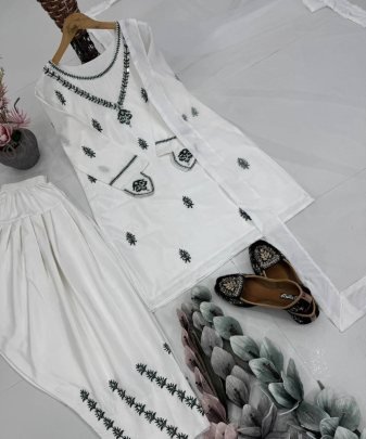 Designer Heavy Natural Creap Embroidery Sequence Work With Fancy Top pent Dupatta Set