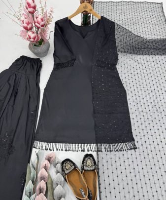 Designer Heavy Natural Silk Embroidered Sequence Work With Fancy Top pent Dupatta Set