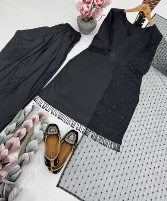 Designer Heavy Natural Silk Embroidered Sequence Work With Fancy Top pent Dupatta Set