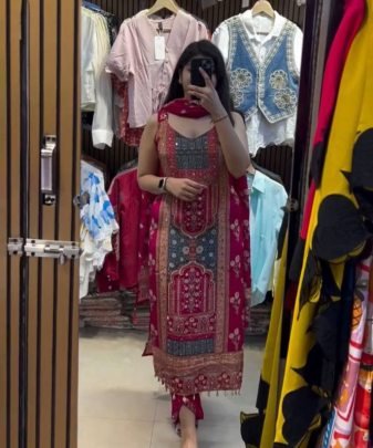 Designer Heavy Silk Digital Printed Salwar Suit with real mirror hand work