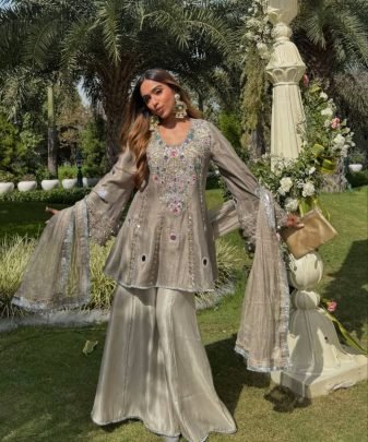 Designer Natural Silk Embroidery Sequence Work Fancy Top Sharara Dupatta Set