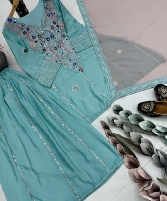 Designer Natural Silk Embroidery Sequence Work Fancy Top Sharara Dupatta Set