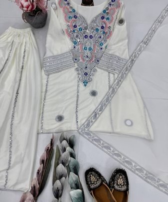 Designer Natural Silk Embroidery Sequence Work Fancy Top Sharara Dupatta Set