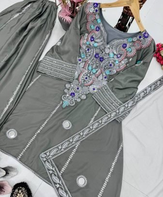 Designer Natural Silk Embroidery Sequence Work Fancy Top Sharara Dupatta Set