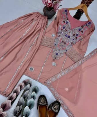 Designer Natural Silk Embroidery Sequence Work Fancy Top Sharara Dupatta Set