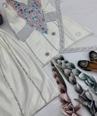 Designer Natural Silk Embroidery Sequence Work Fancy Top Sharara Dupatta Set