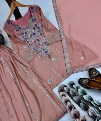 Designer Natural Silk Embroidery Sequence Work Fancy Top Sharara Dupatta Set