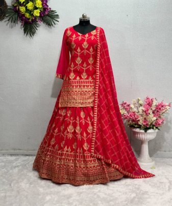 Designer Wear Heavy Chine Stitch Work Top Lehengas With Dupatta