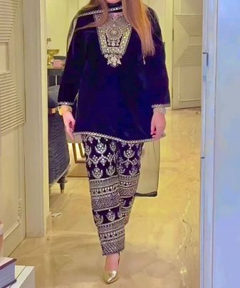 Designer Wear Heavy Viscose Velvet Top With Heavy Work Plazzo