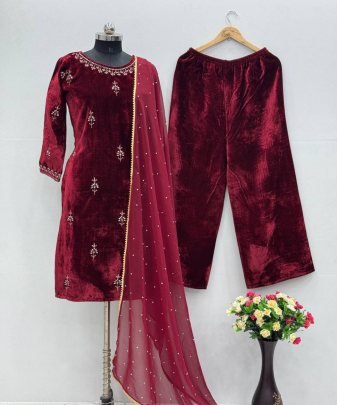 Designer Wear Heavy Viscose Velvet Top With Heavy Work Plazzo