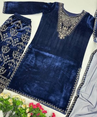 Designer Wear Heavy Viscose Velvet Top With Heavy Work Plazzo