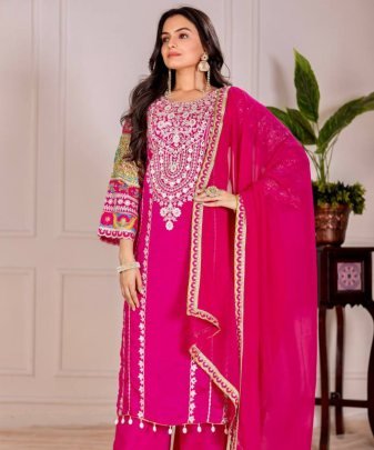 Designer Wear Vichitra Silk Embroidered Sequence Work Salwar Suit Set