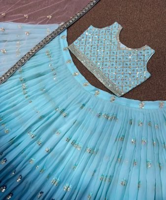 Launching Bridal Wear Fuax Georgette Heavy Embroidered 5mm Sequence Work Lehengas Available In Two Color