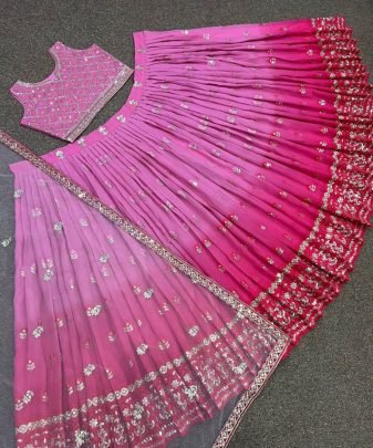 Launching Bridal Wear Fuax Georgette Heavy Embroidered 5mm Sequence Work Lehengas Available In Two Color