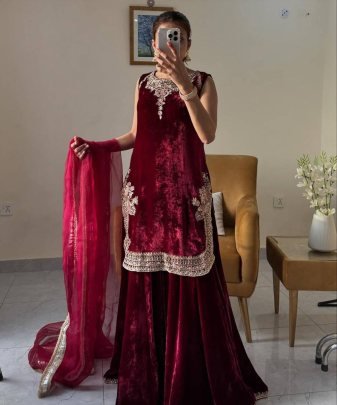 New Designer Embroidery Chine  Sequence Work  With Fancy Top Palazzo Dupatta Set