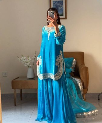 New Designer Embroidery Chine  Sequence Work  With Fancy Top Palazzo Dupatta Set