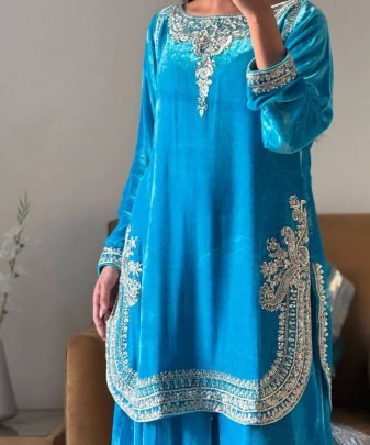 New Designer Embroidery Chine  Sequence Work  With Fancy Top Palazzo Dupatta Set