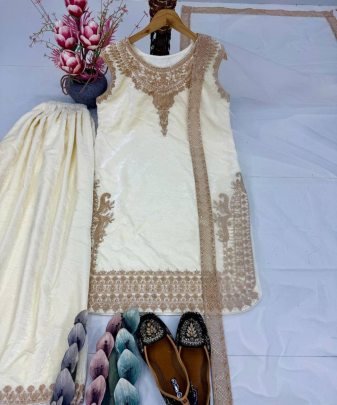 New Designer Embroidery Chine  Sequence Work  With Fancy Top Palazzo Dupatta Set