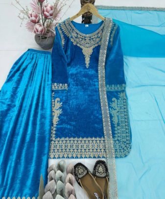 New Designer Embroidery Chine  Sequence Work  With Fancy Top Palazzo Dupatta Set