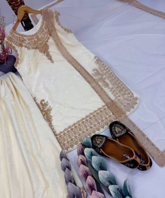 New Designer Embroidery Chine  Sequence Work  With Fancy Top Palazzo Dupatta Set