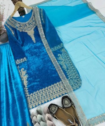 New Designer Embroidery Chine  Sequence Work  With Fancy Top Palazzo Dupatta Set