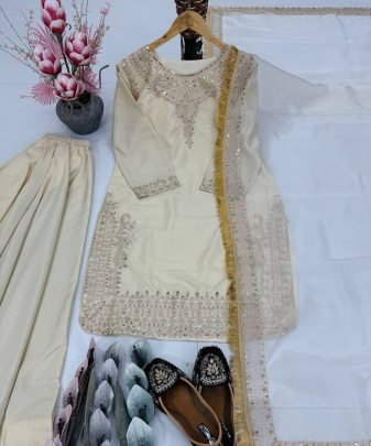 New Designer Embroidery Coding Sequence Work  With Fancy Top Palazzo Dupatta Set