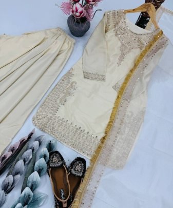 New Designer Embroidery Coding Sequence Work  With Fancy Top Palazzo Dupatta Set