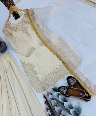 New Designer Embroidery Coding Sequence Work  With Fancy Top Palazzo Dupatta Set