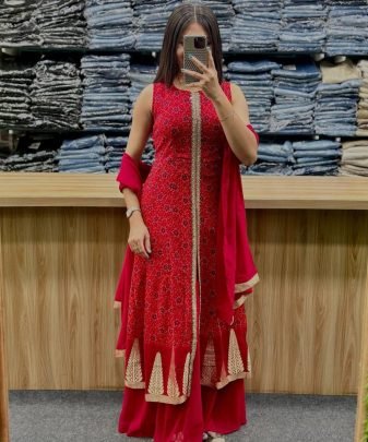 New Designer Heavy Fuax Georgette Fancy Cut Top With Plazzo Suit Set