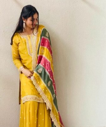 New Designer Heavy Fuax Georgette Top Dupatta With Sharara Suit Set