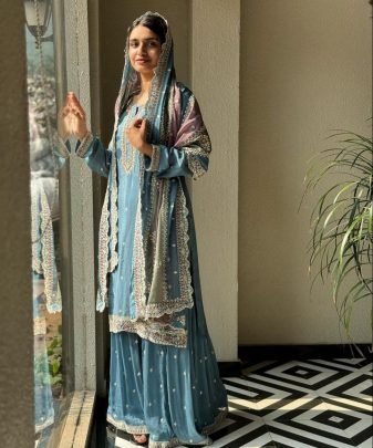 New Designer Heavy Fuax Georgette Top Dupatta With Sharara Suit Set