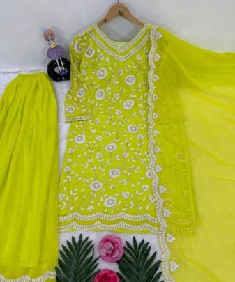 New Designer Heavy Fuax Georgette  Chine Sequence Work Pakistani  Suit