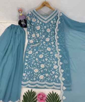 New Designer Heavy Fuax Georgette  Chine Sequence Work Pakistani  Suit