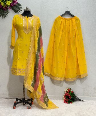 New Designer Heavy Fuax Georgette Top Dupatta With Sharara Suit Set