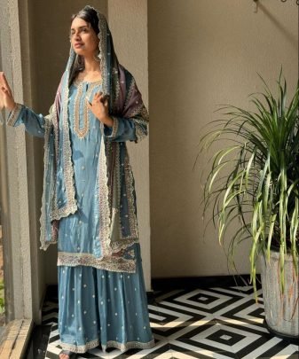 New Designer Heavy Fuax Georgette Top Dupatta With Sharara Suit Set