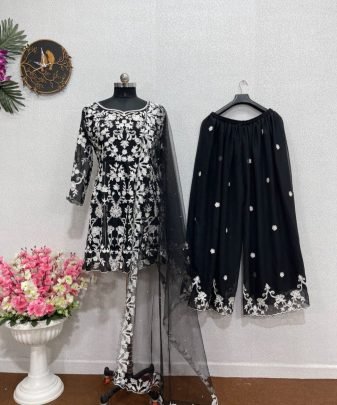 New Designer Heavy Fuax Georgette Top With Work Palazzo Suit