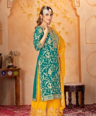 New Designer Heavy Fuax Georgette Fancy Top With Plazzo Suit Set