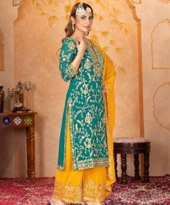 New Designer Heavy Fuax Georgette Fancy Top With Plazzo Suit Set