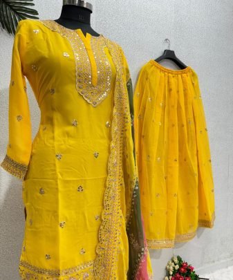 New Designer Heavy Fuax Georgette Top Dupatta With Sharara Suit Set