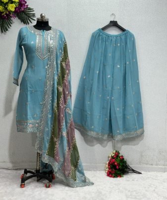 New Designer Heavy Fuax Georgette Top Dupatta With Sharara Suit Set