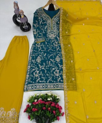 New Designer Heavy Fuax Georgette Fancy Top With Plazzo Suit Set