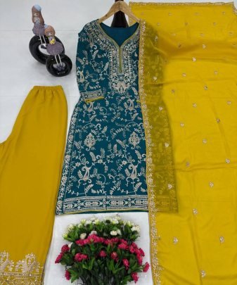 New Designer Heavy Fuax Georgette Fancy Top With Plazzo Suit Set