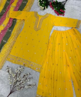 New Designer Heavy Fuax Georgette Top Dupatta With Sharara Suit Set