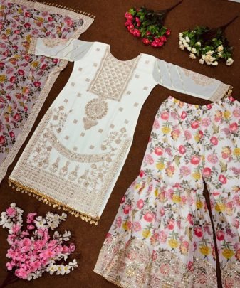 New Designer Heavy Fuax Georgette Sharara Suit Set