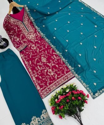 New Designer Heavy Fuax Georgette Fancy Top With Plazzo Suit Set