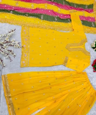 New Designer Heavy Fuax Georgette Top Dupatta With Sharara Suit Set