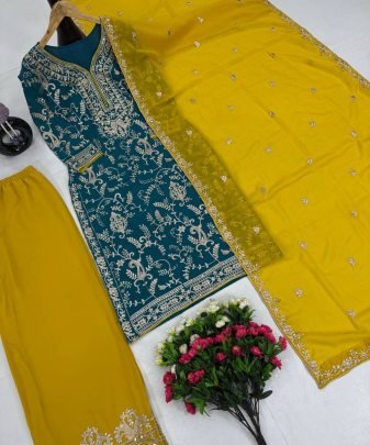 New Designer Heavy Fuax Georgette Fancy Top With Plazzo Suit Set