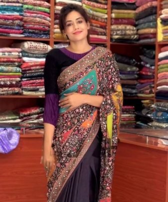 New Designer Heavy Natural Silk Fancy Digital Print With  Real Mirror Handwork